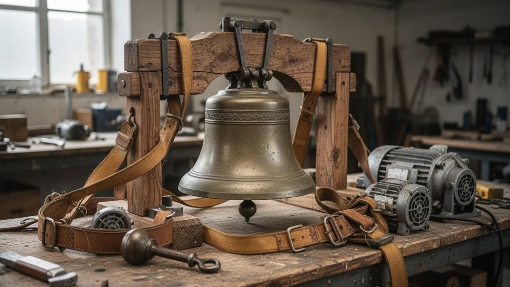 Cloche en bronze et ses accessoires (battant, joug en bois, moteur) disposés sur un établi d'atelier de fonderie