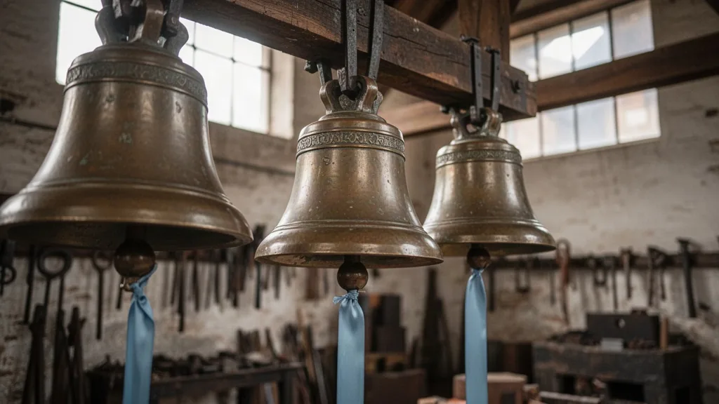 Cloches de bronze suspendues dans une fonderie rénovée, ruban bleu, outils flous en arrière-plan