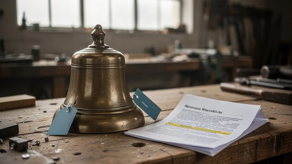 Cloche en bronze sur un établi bois, fiche technique allemande avec mention Das Unternehmen