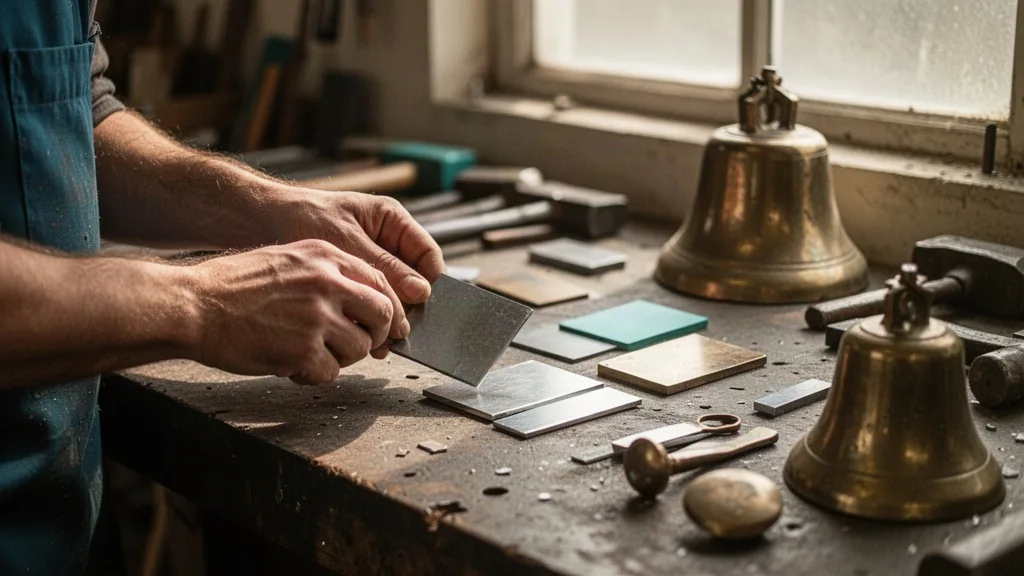Artisan métallier inspectant des échantillons métalliques sur un établi pour rénover un habitat