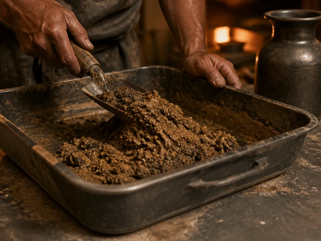 Photorealistic editorial photograph of a craftsman's weathered hands mixing bronze-colored mortar in a shallow steel tra