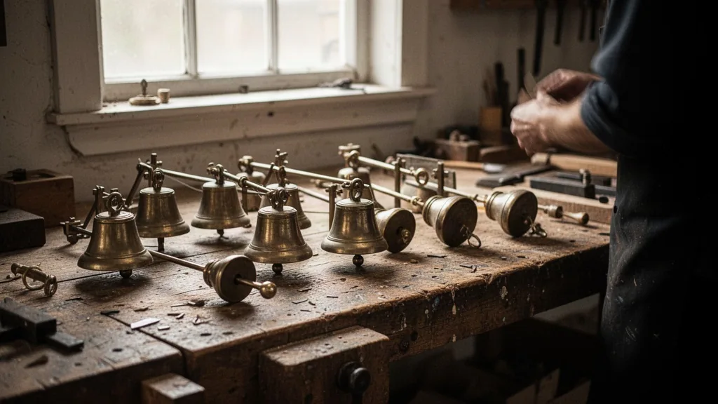 Équipement de sonnerie sur un établi en bois usé, silhouette floue d’artisan