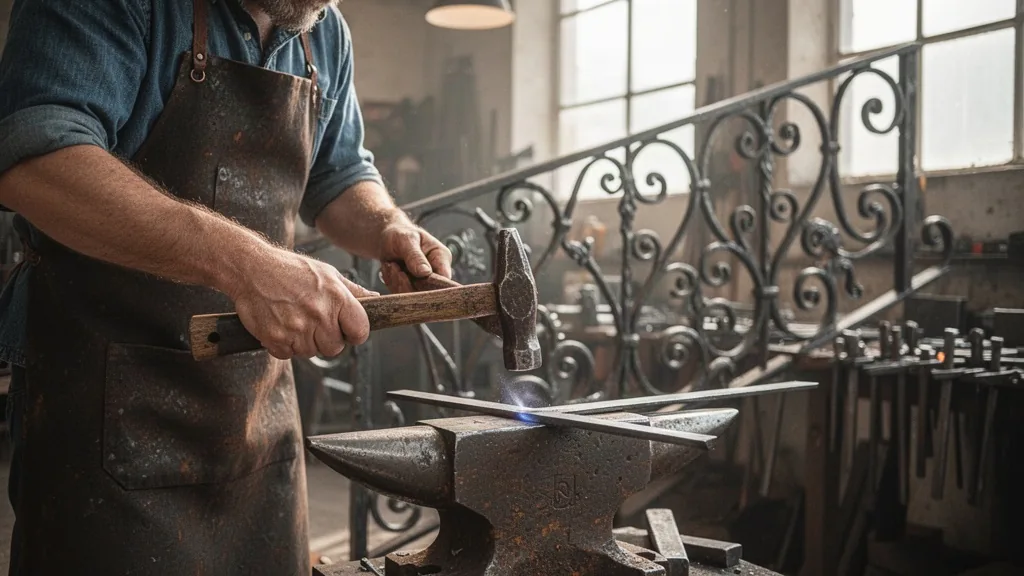 Artisan forgeron martelant une rampe en fer forgé sur l'enclume de son atelier