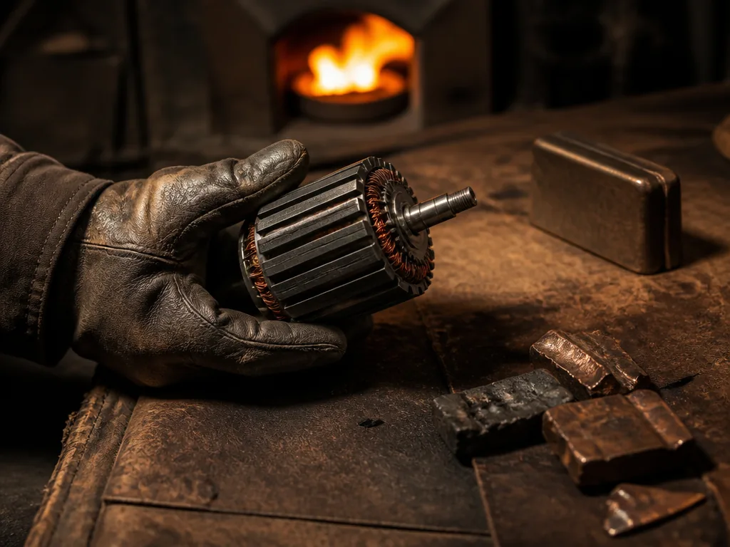 Photorealistic editorial photograph of a craftsman's gloved hand holding a brushless motor rotor beside a worn leather w