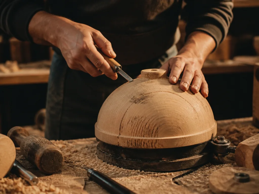 Artisan fondeur coulant le bronze en fusion dans un moule de cloche, atelier traditionnel