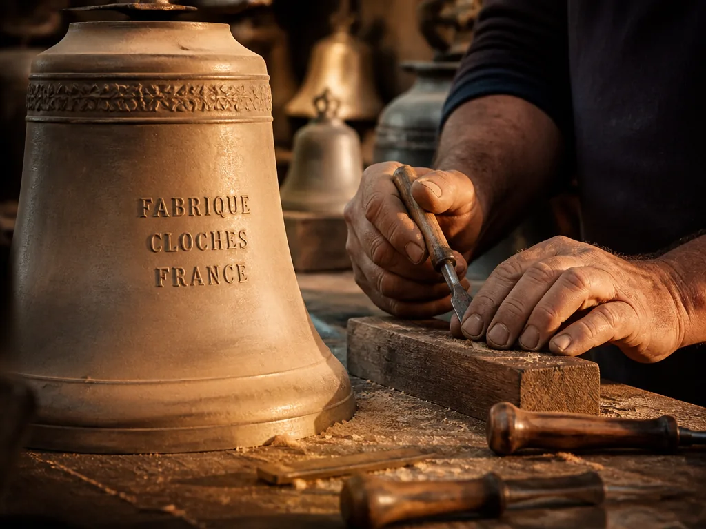 Fondeur de cloches au travail dans un atelier français, cloches en bronze suspendues autour de lui
