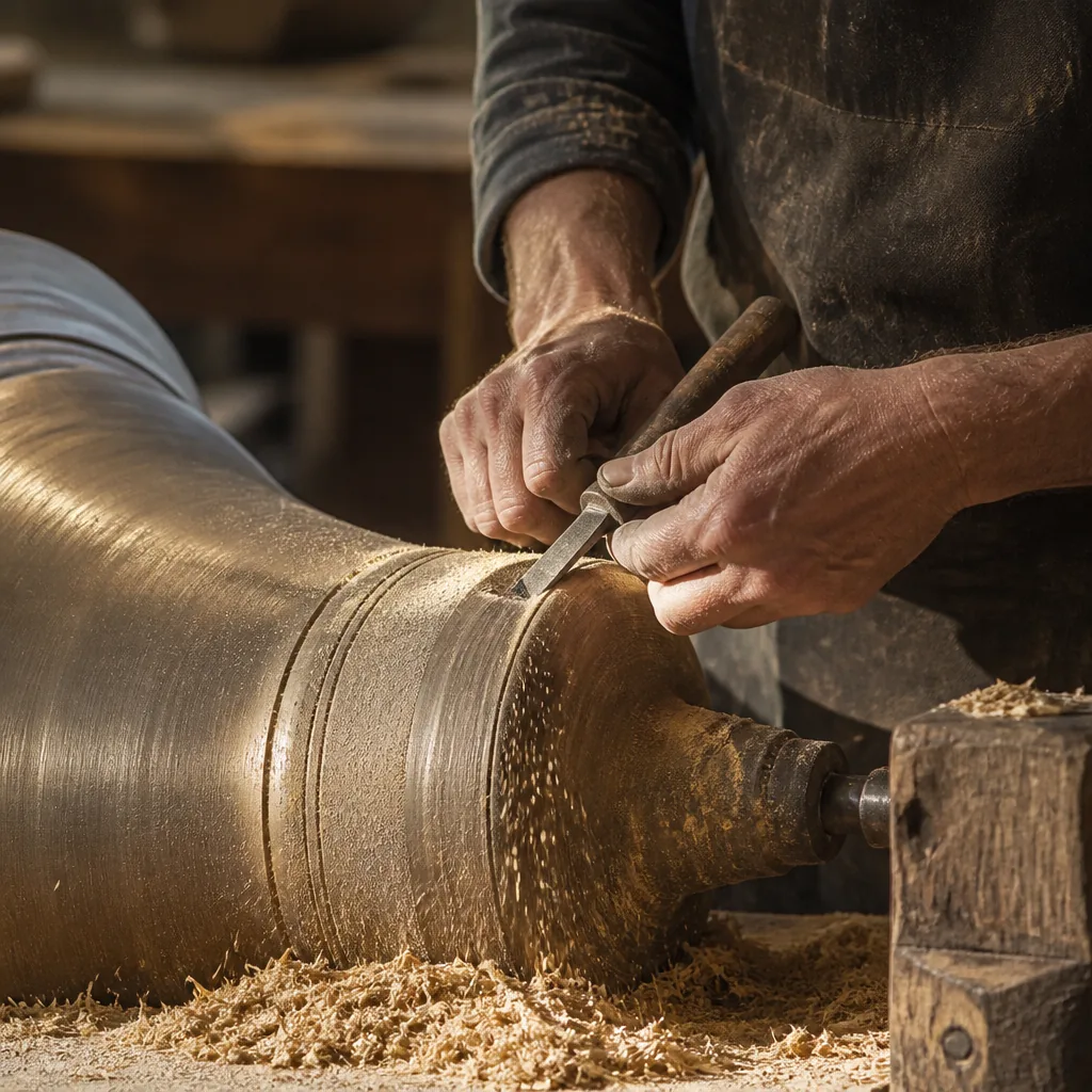 Artisan polissant une cloche en bronze dans la fonderie