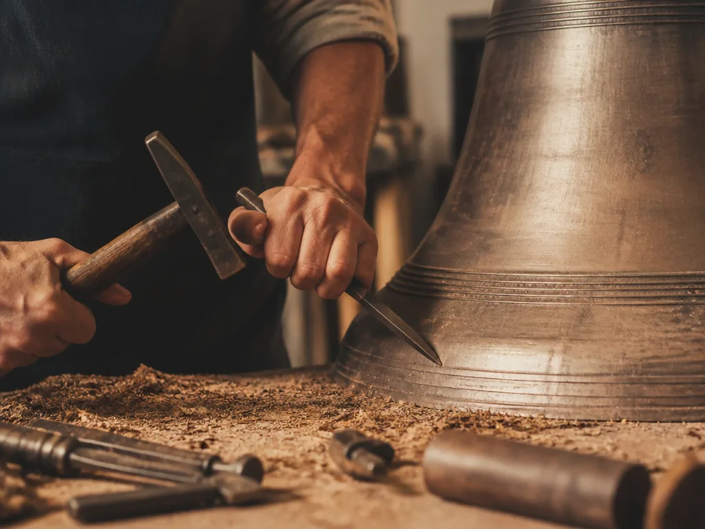 Les fondeurs coulent le bronze en fusion dans le moule d'une cloche, atelier embrasé
