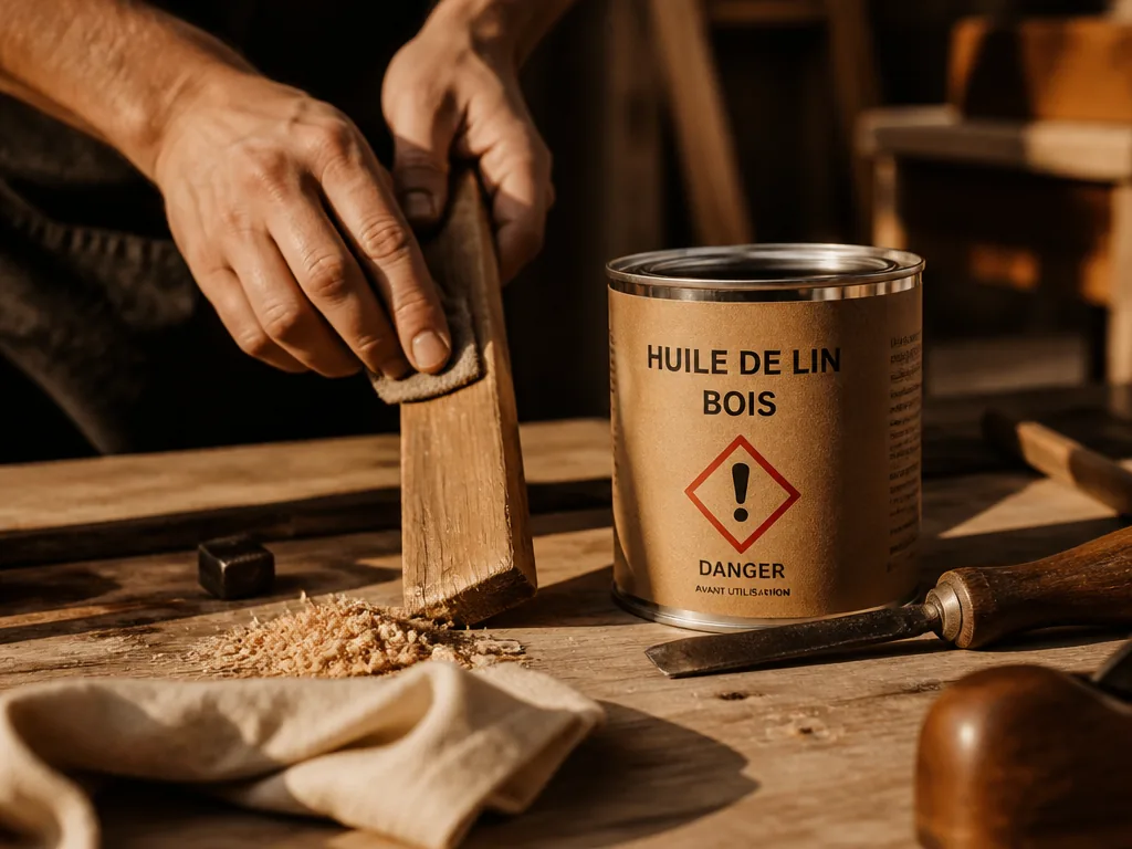 Chiffons imbibés d'huile de lin abandonnés sur une planche en bois