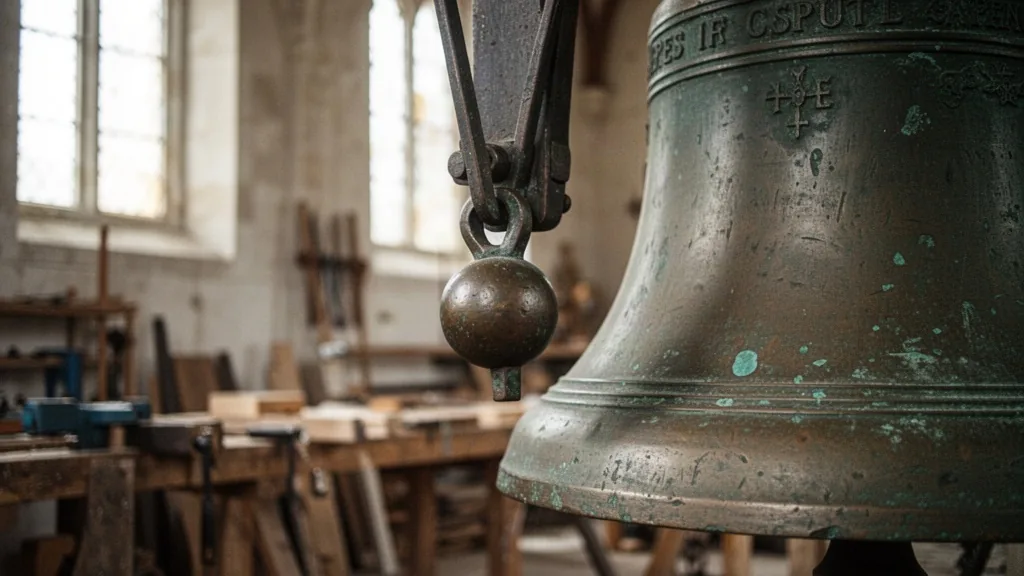 Battant frappant une grande cloche de bronze dans un atelier de clocher, texture usée