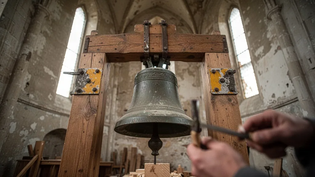 Beffroi de cloches en bois inspecté dans le clocher ancien, mains du charpentier sur les ferrures usées