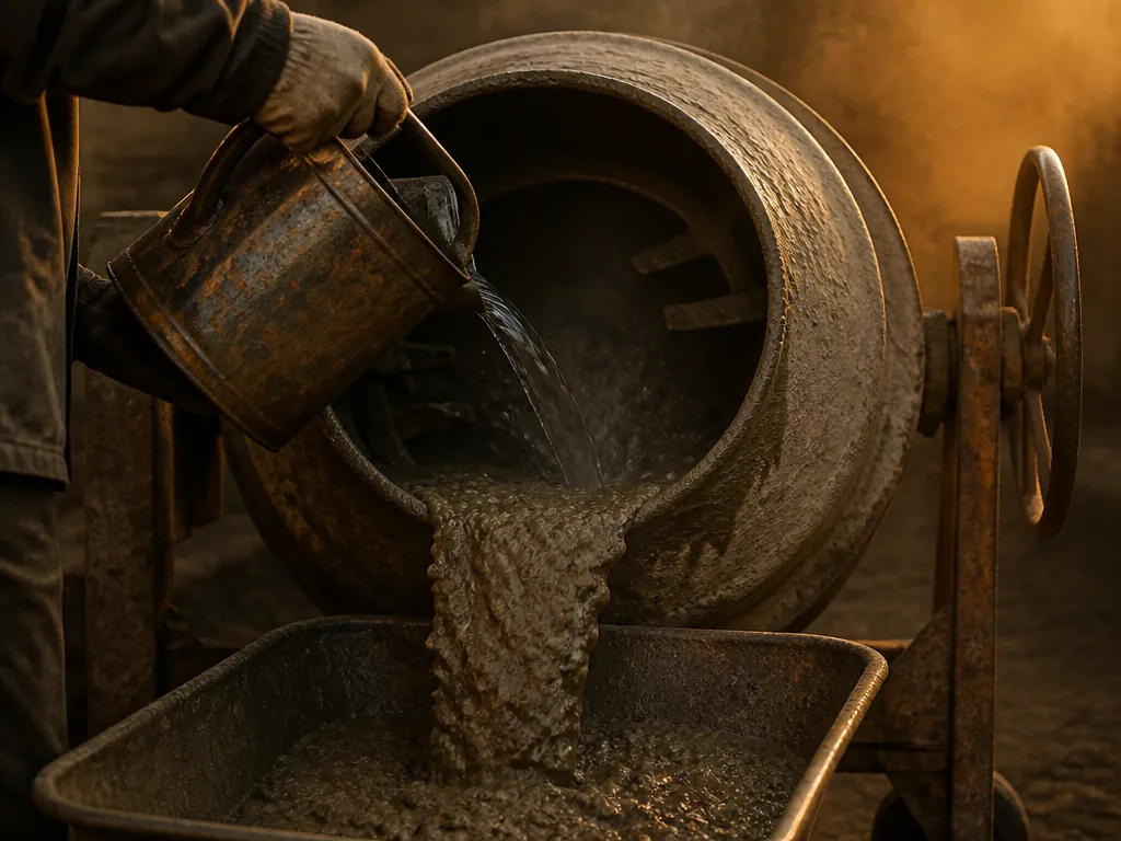 Photorealistic editorial photograph of a worker's gloved hands pouring water from a rusted metal can into a rotating dru
